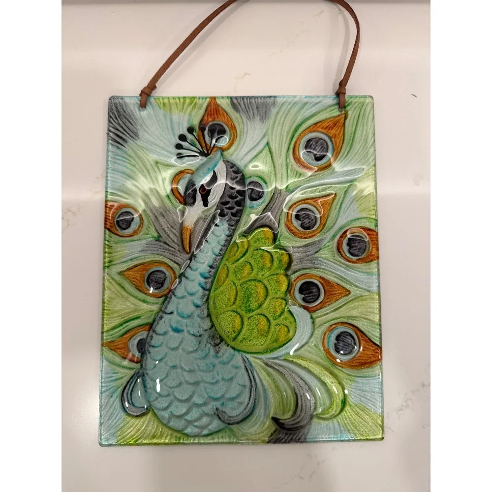 Pier One Reverse Painting‎ Peacock Textured Glass Wall Art Plaque Hanging Decor